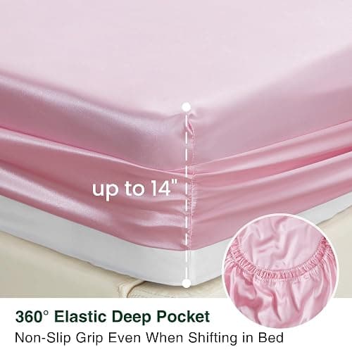 Love's cabin Satin Queen Sheets Set - 4 Piece Pink Silky Bed Sheets Set with Deep Pocket, Luxury Silk Feel Satin Queen Size Sheet Set (1 Flat Sheet,1 Fitted Sheet,2 Pillow Cases) thumbnail 4