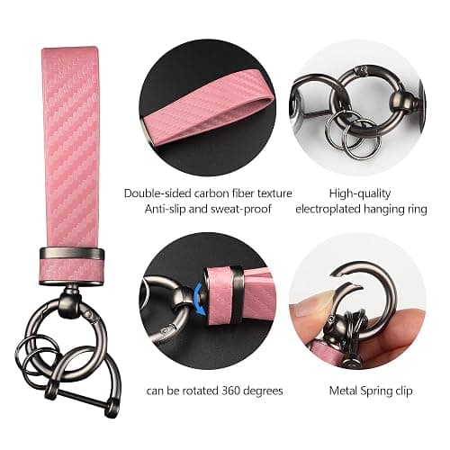 Turcee Carbon Fiber Car Keychain,Automotive Interior Accessories Keychains Leather Car Key Fob,Car Accessories Key Ring&Anti-Lost D-Ring(light pink) thumbnail 4