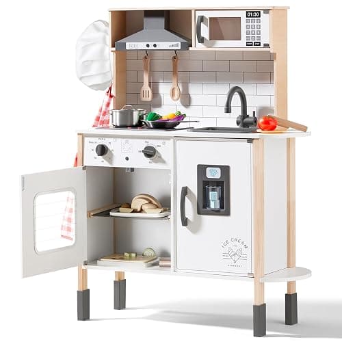 Tiny Land Play Kitchen for Kids, Wooden Kids Play Kitchen Playset Chef Pretend Play Set for Toddlers with Real Lights & Sounds, Toys Kitchen with 18 Pcs Toy Food & Cookware Accessories - White - Image 1