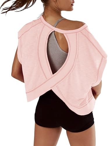 Kumufenc Women Short Sleeve Workout Shirts Open Back Tops Casual Yoga Y2k Athletic Gym Slouchy Crop Running Tees - Image 1