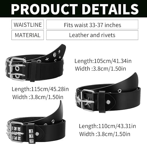 JATEBI 3 Pcs Y2K Black Studded Belt Metal Goth Punk Rock Belts with Shiny Pyramid Studded and Star for Women thumbnail 5