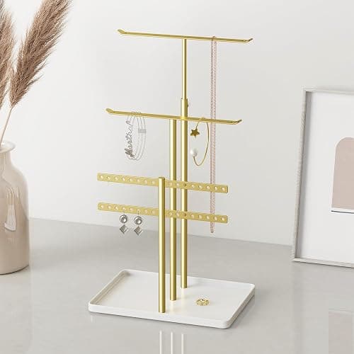susswiff Jewelry Holder Organizer Stand - Adjustable Jewelry Tree 17.5" Height (Max), Jewlery Hanger for Necklaces, Bracelets, Earrings, Aesthetic for Storage and Display, Metal, Gold and White thumbnail 2