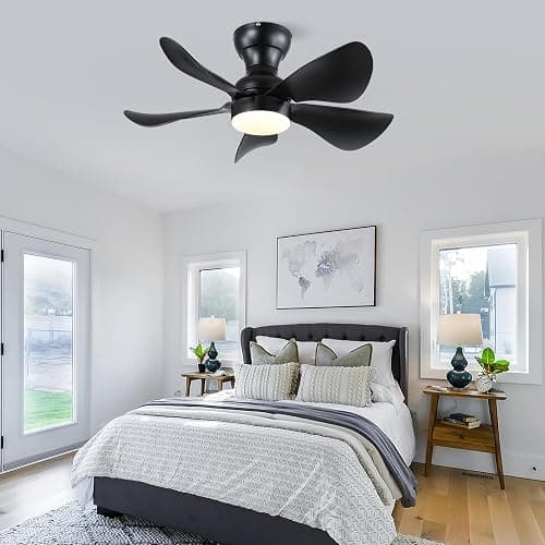 Kviflon 30" Black Small Low Profile Ceiling Fans with Light Remote Control | Flush Mount, 5 Propeller Reversible Blades, Quiet Motor, 3 CCT Dimmable, 18W LED Lights, 6 Speeds for Kids Room/Bedroom thumbnail 2
