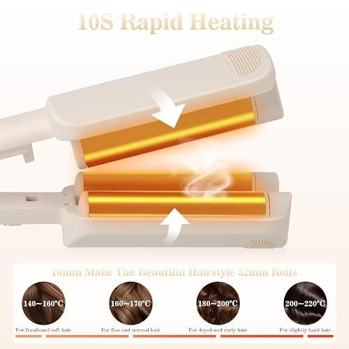 Ceramic Curling Wand, 32mm Ionic Beach Wave Hair Curler, 3 Barrel Hair Waver Hair Crimpers for Women and Girls, Fast Heating Deep Wave Curling Iron with 4 Temps 140°C-220°C, Anti-Scald & Travel Lock thumbnail 4