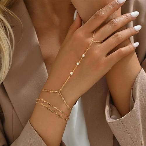 ÌF ME Hand Chain Bracelet Set 14K Gold Plated Durable Gold Bracelets for Women Adjustable Finger Bracelet Hand Jewelry with Extender Perfect for Everyday Wear Ring Bracelet Hand thumbnail 4