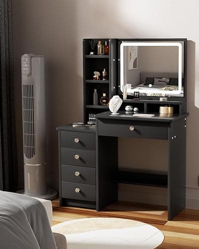 Vanity Desk, Makeup Table with Mirror and Lights, 90cm Black Dressing Table, Fiver Drawers thumbnail 6