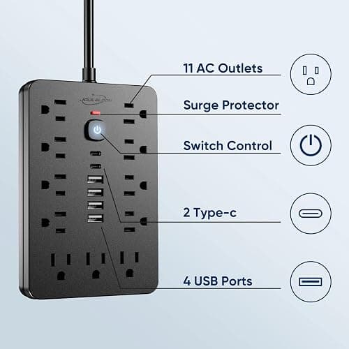 JouleLoom 6 FT Flat Plug Surge Protector Power Strip,11 Multiple AC Outlets with 6 USB Ports (2 USB C), 6 Feet Extension Cord, 1250W/10A, One Touch Switch Button, 17 in 1 Compact powerstrip thumbnail 3