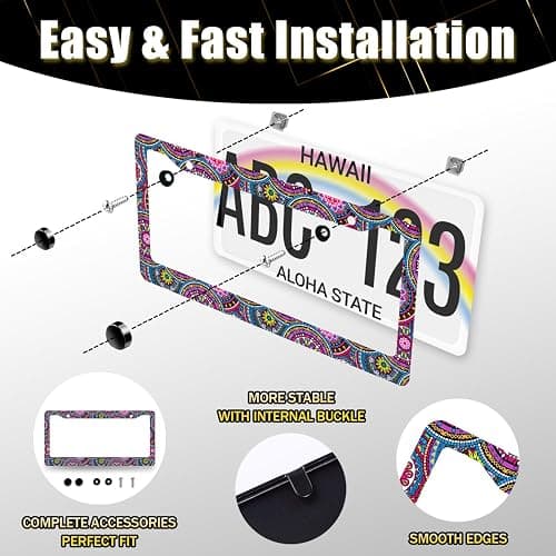 Purple Mandala License Plate Frame Hippie Boho License Plate Holder Stainless Steel Front and Rear Car Tags Auto Parts Funny License Plate Decoration with Screws for Men Women s 12.2"x 6.2" - Boho Purple Mandala Printed thumbnail 6
