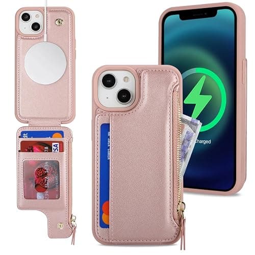 SailorTech iPhone 15 Etui mit Kartenhalter mag Safe, iPhone 15 Hülle mit Reißverschluss Kartenfach Geldbörse für iPhone 15 Handyhülle Lederhülle - Roségold - Image 1