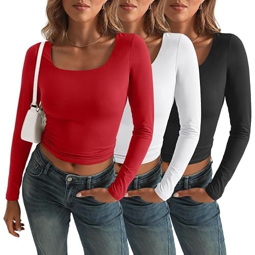 AUTOMET 3 Pack Womens Long Sleeve Shirts Fall Fashion Scoop Neck Crop Tops Basic Layer Slim Fit Y2K Clothes thumbnail 2