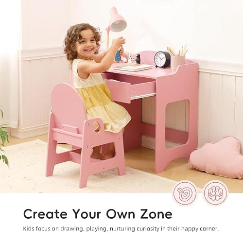 OOOK Kids Study Table and Chair Set, Wooden Kids Desk and Chair Set, Toddler Art Desk with Storage, Children Writing Table for 5-12 Years Old, Home School Use, Pink thumbnail 4