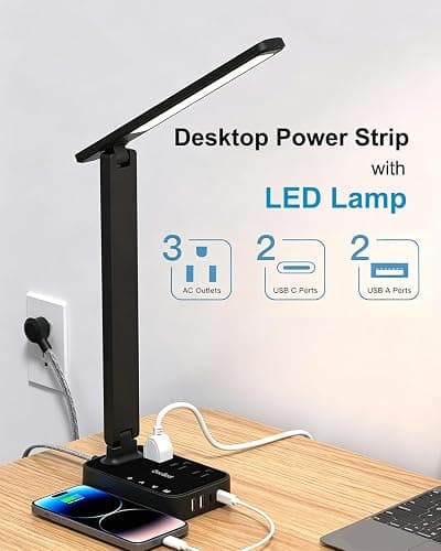 LED Desk Lamp Power Strip with 4 USB 3 Outlets, Dorm Room Essentials, Black | One Beat 4 Modes 5 Level Brightness Touch Lamp, Small Desk Lamp for Home Office College Dorm Essentials, Study Reading Light thumbnail 2
