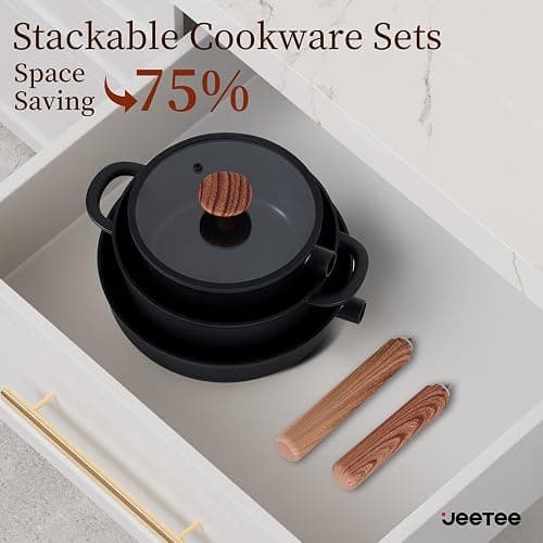 JEETEE Ceramic Cookware Set, 15 PCS Pots and Pans Set Non Stick with Removable Handles, Non Toxic Induction Kitchen Cookware Sets, Dishwasher/Oven Safe PFAS/PFOA Free Black thumbnail 7