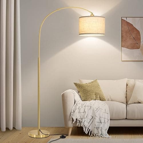 Gold Floor Lamp, Arc Floor Lamp for Living Room with Adjustable Drum Lampshade, Modern Tall Standing Lamp with On/Off Foot Switch, Over Couch Arched Reading Light for Reading, Bedroom, Office - Image 1