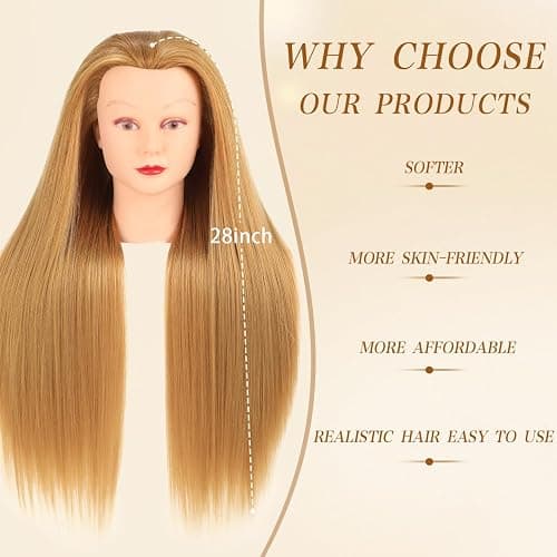Mannequin Head with 80% Human Hair Face Mannequin Head for Hair styling Practice - Curling, Braiding, Cutting Multiple Hair Colors with Table Clamp Stand for Kids and Professionals 28inch thumbnail 3