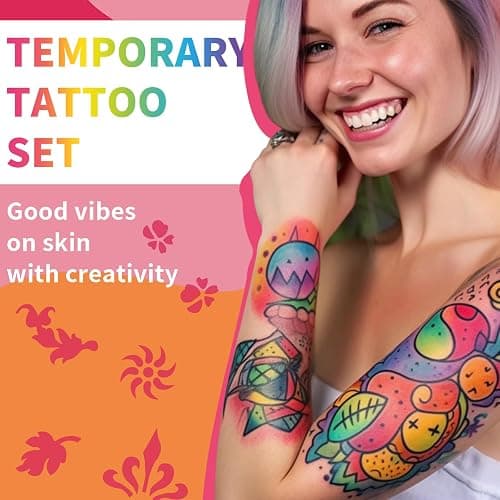 Temporary Tattoo Marker for Skin, 15 Colors Tattoo Pen + 50 Stencils for Painting + 43 Henna Tattoo Sticker, Glitter & Matte & Neon Glow Face Body Paint Markers for Teens and Adult thumbnail 5