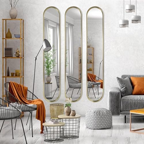 OUSHUAI Gold Tall Mirror,Narrow Capsule Long Mirrors with Metal Frame for Entryway,Hallway,Living Room 44"X8" (3pcs) thumbnail 7