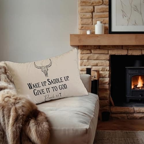 Welshower Rustic Western Christian Brown Pillow Covers 12x20, Christian Room Decor, Proverbs 16:3 Bible Verse Cow Skull Decorative Lumbar Pillow Covers for Couch Sofa Bedroom Living Room Home thumbnail 2
