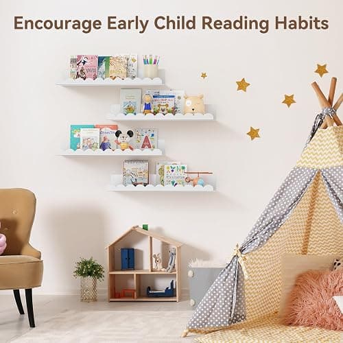 Gattlukd Nursery Book Shelves, 17 Inch Metal Floating Shelves for Wall 4 Pack, Scalloped Shelves, Wall Mounted Book Shelf for Kids Bedroom, Baby Room, Nursery Decor (White) thumbnail 7