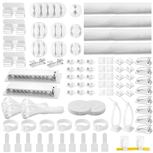 [313Pcs] Cable Management Kit, 67 Adhesive Cable Clips, Topavatop Desk Cord Organizer, 22 Reusable Cable Strap, 4 Cable Sleeve Split, 200 Nylon Cable Zip Ties with 20 Mounts for TV Office Home, White - Image 1