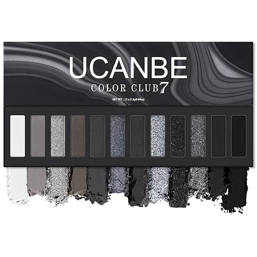 UCANBE Smokey Eyeshadow Palette, Dark Black White Gray Silver Natural Nude Matte Shimmer Eye Shadow Make Up Pallet for Smoky Emo Goth Makeup, 12 Color High Pigmented Long Lasting Waterproof Pallete - Image 1