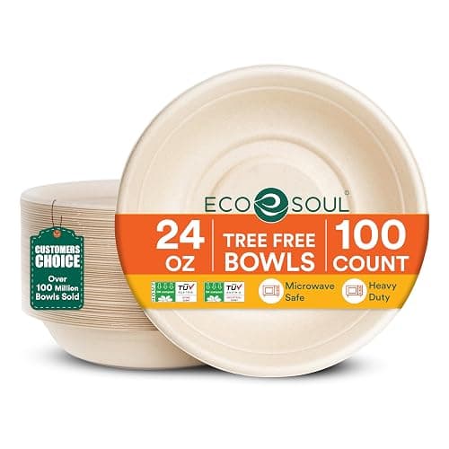 ECO SOUL Disposable Paper Bowls 24 oz, 100 Pack – Biodegradable Compostable Sugarcane Bagasse Bowls, Heavy Duty & Microwave Safe, Large Bowls for Serving Ramen, Curry, Rice, Salad – Natural Brown - Image 1
