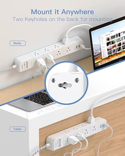 One Beat 10 ft Extension Cord,Power Strip Surge Protector 8 Widely AC Outlets 3 USB,Flat Plug,Desktop Charging Station with Overload Protection,Wall Mount for Home,Office,Travel,Computer ETL Listed - 10FT - White thumbnail 6