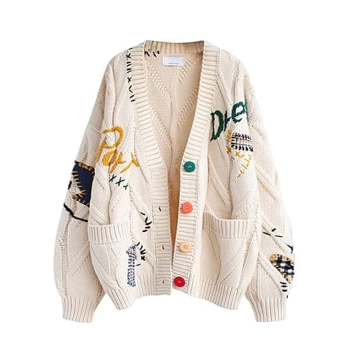 Women's Cable Knit Long Sleeve Open Front Cardigan Sheep V-Neck Button Down Embroidery Wool Blend Sweater Coat Outwear - Image 1