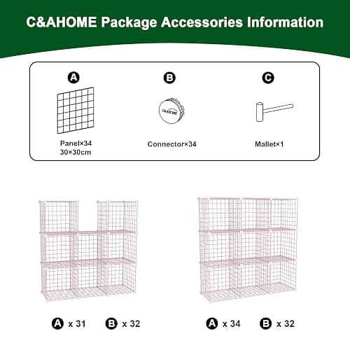 C&AHOME Wire Cube Storage, 9 - Cube Organizer Metal C Grids, Modular Shelves Units, Closet Organizer, Ideal for Home, Office, Living Room, 36.6”L x 12.4”W x 48.4”H, Pink UWCS3009P thumbnail 7