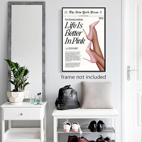 Retro Newspapaer Canvas Wall Art, Funny Life Is Better In Pink Quote Poster, Funky Pink High Heel Picture Girls Bedroom Wall Decor, Trendy News Headline Girly Dorm Apartment Art 12x16in Unframed thumbnail 4