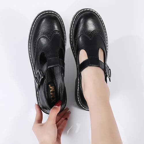 XMM Mary Jane Shoes Women Oxford Shoes Leather Round Toe Flats Non-Slip Ankle Buckle Strap Comfort Casual Dressy Cosplay Party School Work Shoes thumbnail 2