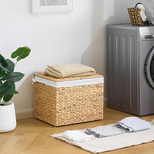 Water Hyacinth Storage Basket with Lid, 21.1 Gallon (80L) Wicker Shelf Basket with Removable Liner, Wicker Storage Basket for Blanket, for Livingroom, Bedroom, Natural thumbnail 2