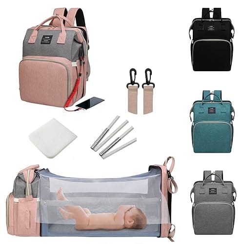 ANWTOTU Diaper Bag with Changing Station,Diaper Bag Backpack，7 in 1 Travel Baby Diaper Bag,Mommy Bag With USB Charging Port (Pink-Grey) - Pink-grey