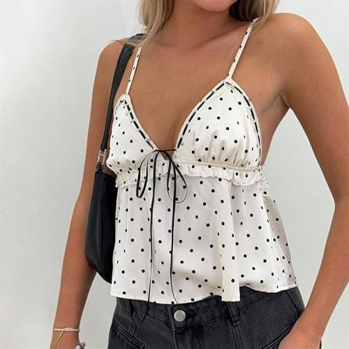 Women Y2k Polka Dot Tank Top Coquette Satin Silk Lace Trim V Neck Spaghetti Strap Camisole Going Out Top thumbnail 4
