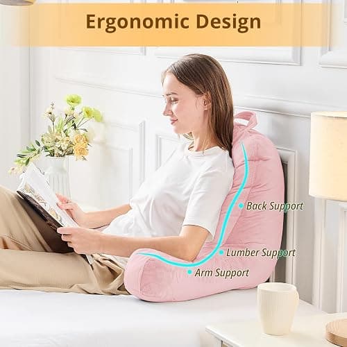 Sasttie Reading Pillow, Velvet Back Pillow for Bed Sitting Up, Adult Back-Rest Support Cushion with Arms for Sit Up on Couch, Sofa, and Floor, Dorm Essentials, Reading Accessories, Pink thumbnail 5