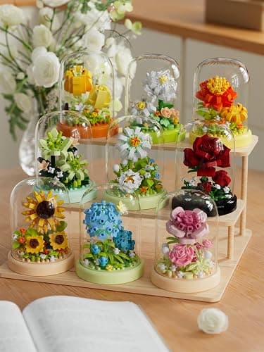 Sacblirr China Rose Secret Mini Flower Building Blocks Toy with Dust Cover | Dust cover set creative assembly bonsai tree. Elegant botanical arrangement micro blocks model for home decor bricks thumbnail 5