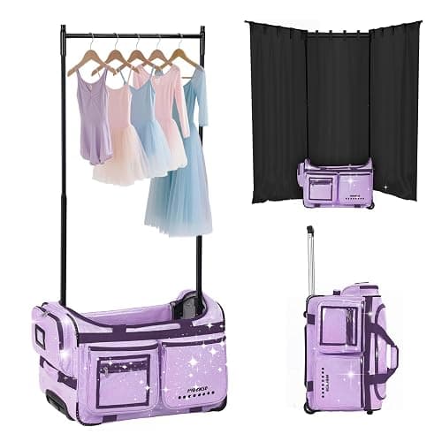 Dance Bag with Garment Rack & Curtain, 23" Glittering Rolling Dance Competition Duffel, Collapsible Dance Suitcase for Shows Cheer Recital Travel (Purple) - Image 1