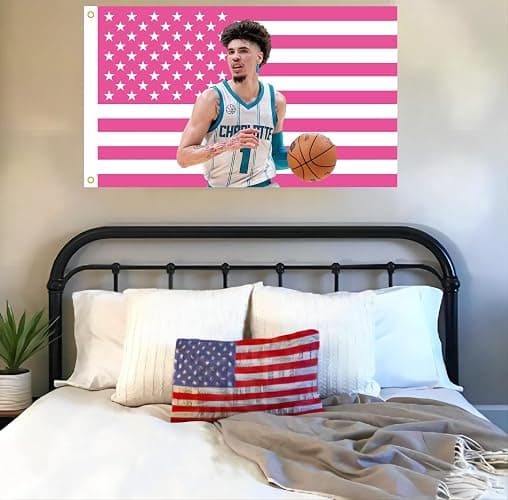 MAGJIUKE Lamelo American Flag Wall Tapestry,Pink Ball Wall Hanging Decor for Bedroom,3x5 Ft with Brass Grommets for College Dorm Room Bedroom Outdoor Parties Decor thumbnail 6