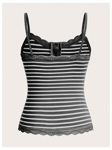 SOLY HUX Women's Striped Lace Trim Cami Crop Top Button Front Spaghetti Strap Y2k Tops thumbnail 2