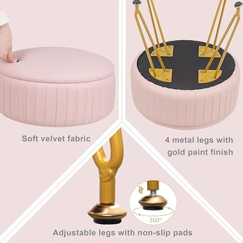 xupersodys Round Vanity Stool with Storage Ottoman, Vanity Chair for Makeup Room with Removable Cover, Small Footrest Ottoman for Home, Living Room, Bedroom (Pink) thumbnail 6