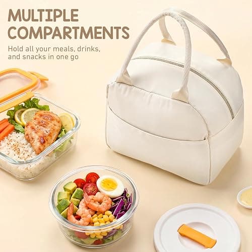 Cunno Insulated Nylon Lunch Bag for Women Man Adult Lightweight Cream Food Box Leakproof Cooler Food Containers Reusable Large Capacity Water Resistant Lunch Bag for Work Picnic or Travel thumbnail 6