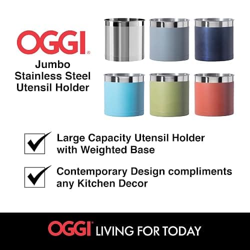 Oggi Stainless Steel Jumbo Utensil Holder - 7" Utensil Caddy, Weighted Base for Stability - Extra Large Utensil Crock and Countertop Utensil Organizer, Stainless Steel thumbnail 7
