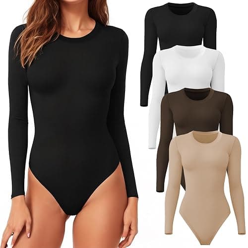 CE' CERDR 4/5 Pack Long Sleeve Bodysuit for Women Round Neck Casual Stretchy Basic Shirts Crew Neck Body Suits Tops - Image 1