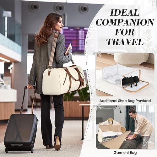 RAINSMORE Garment Bags for Travel Women Leather Convertible Garment Duffle Bag With Shoe Pouch,Large Carry On Garment Bag Dress Suit Business Travel Bags Beige thumbnail 3