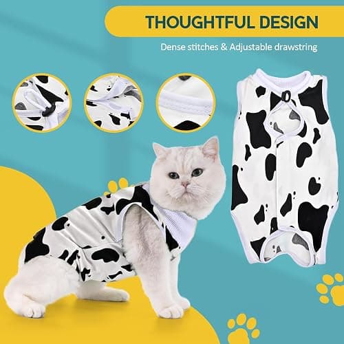 Avont Cat Recovery Suit - Kitten Onesie for Cats After Surgery | Stop Licking, Protects Stitches, S: Neck 8.5"-10.2"/Chest 11.5"-13"/Back 8", Soft & Breathable, Hook & Loop, Cow thumbnail 3
