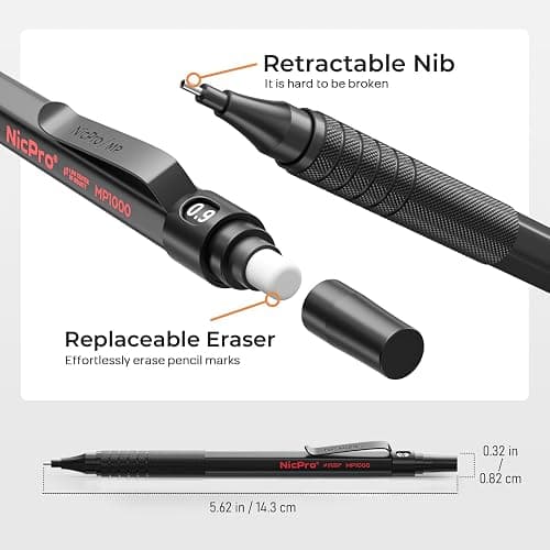 Nicpro 0.9 Metal Mechanical Pencil Set with Case, 3PCS Black MP1000 0.9mm Drafting Pencil, 8 Tubes HB Lead Refills, 3PCS Erasers, Erasers Refills for Artist Writing, Drawing, Sketching thumbnail 5