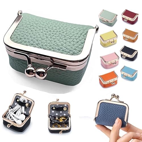 Genuine Cow Leather Mini Jewelry Box & Coin Purse for Women, Travel Jewelry Case with Kiss Lock, Holds Earrings, Rings, Necklace, Bracelet, Coins (Green) - Image 1