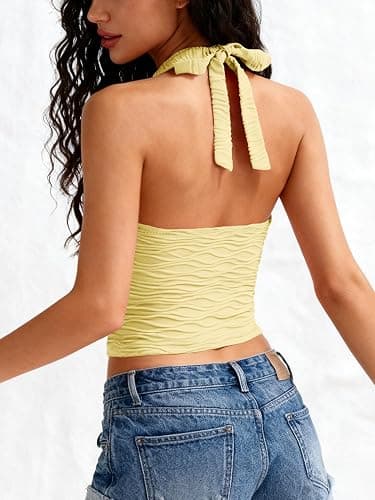 ASKHOPE Going Out Tops for Women Y2K Tops - White Halter Top V Neck Open Back Ruched Cami Metal Decor Cute Summer Top 2025 thumbnail 4
