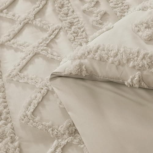 Queen Size Comforter Set- 7 Pieces Tufted Bed in a Bag Queen Bedding Sets | All Season Shabby Chic Boho Bedding with Comforter, Sheets, Pillowcases & Shams, Beige thumbnail 7