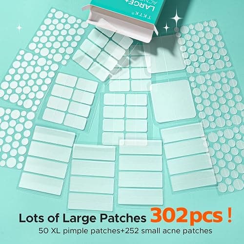 TKTK Large Pimple Patches for Face, 7 Sizes XL Acne Patches, Big Hydrocolloid Bandages for Body, Chin, Forehead, Chest, Back Zit Breakouts, Hydrocolloid Patch (Strip, Square, Dot 302 Count) thumbnail 2